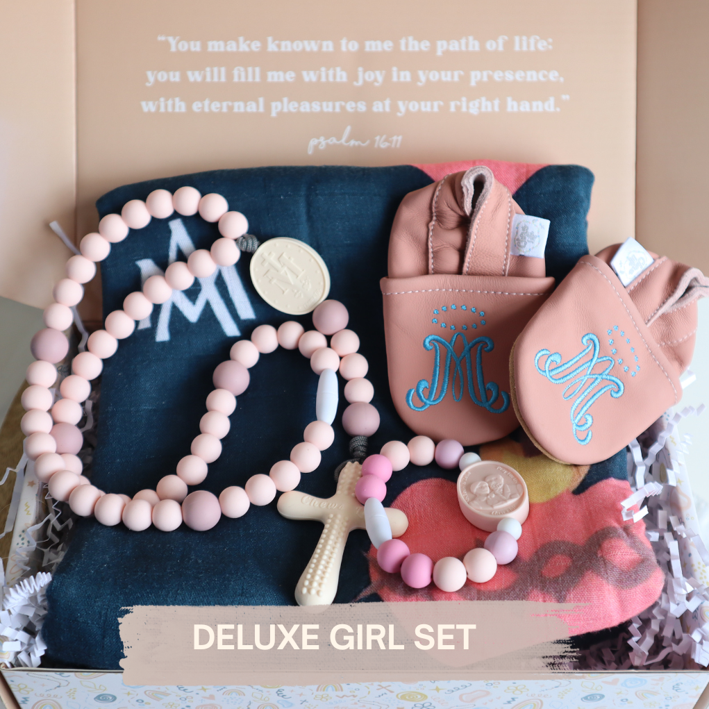 Deluxe Baby Gift Set | Silicone Rosary & Saint Bracelet, Swaddle & Emmaus Crib Shoes