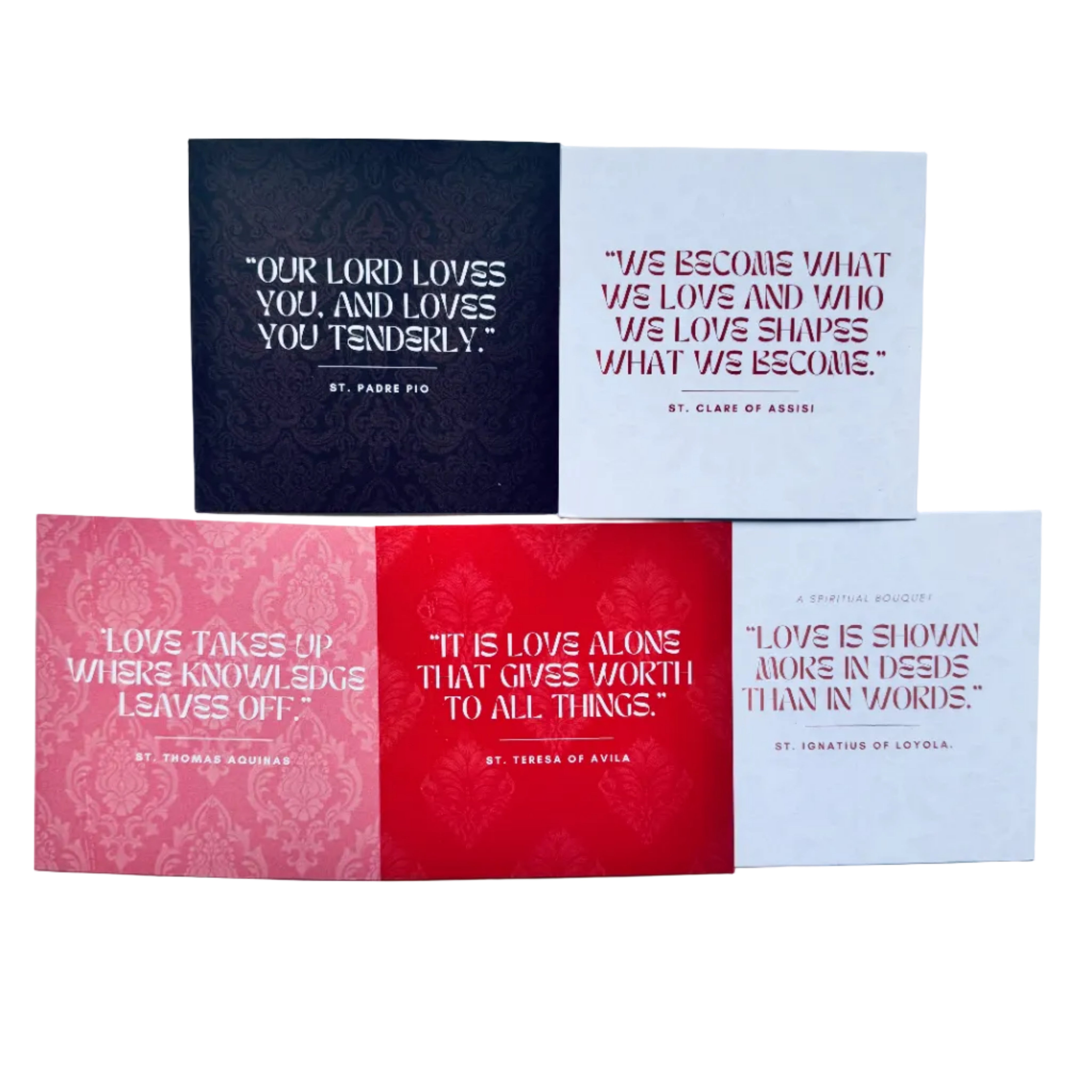 Set of 5 notecards on 5x5 cardstock with Saint Quotes