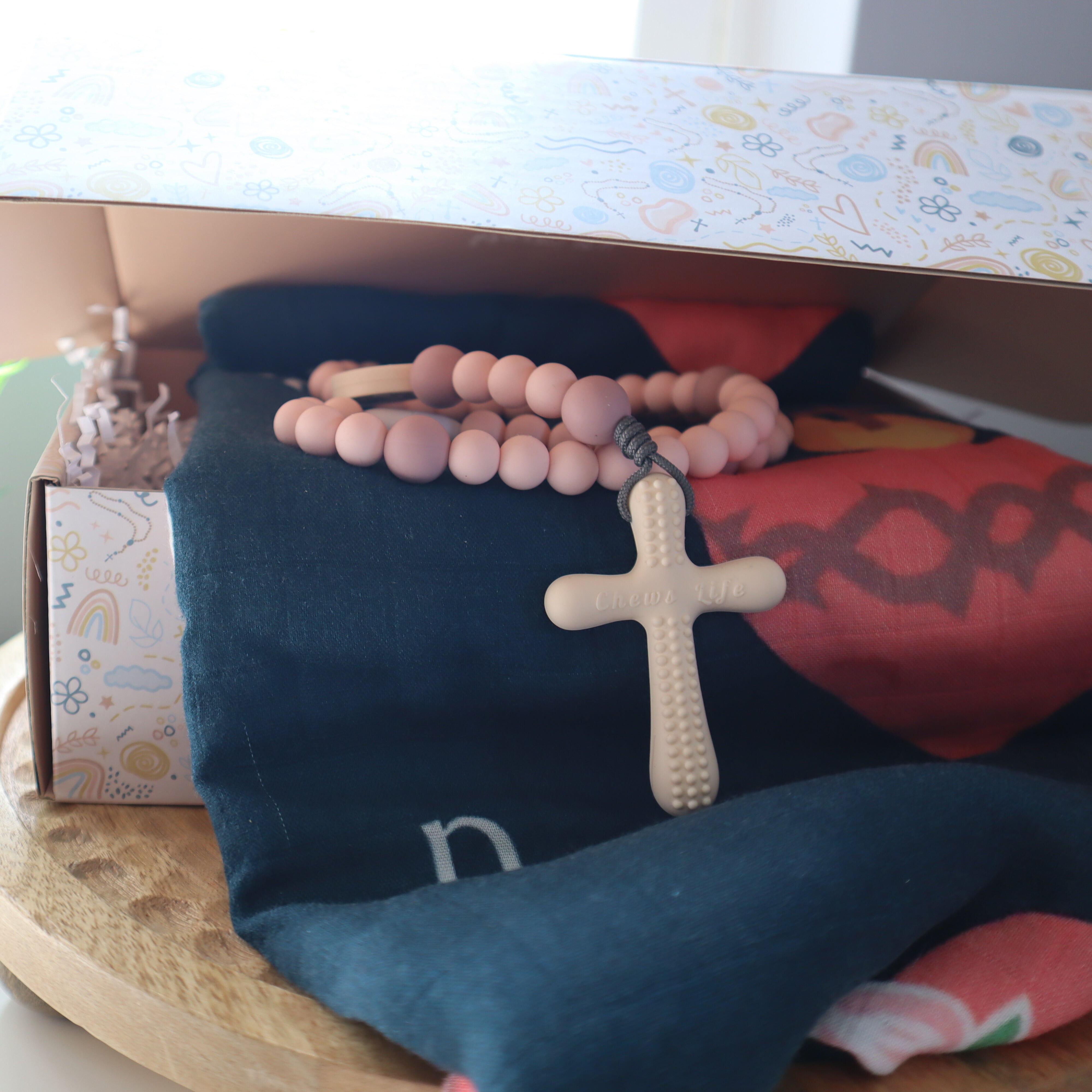 Essentials Baby Gift Set | Chews Life Silicone Rosary & Muslin Swaddle
