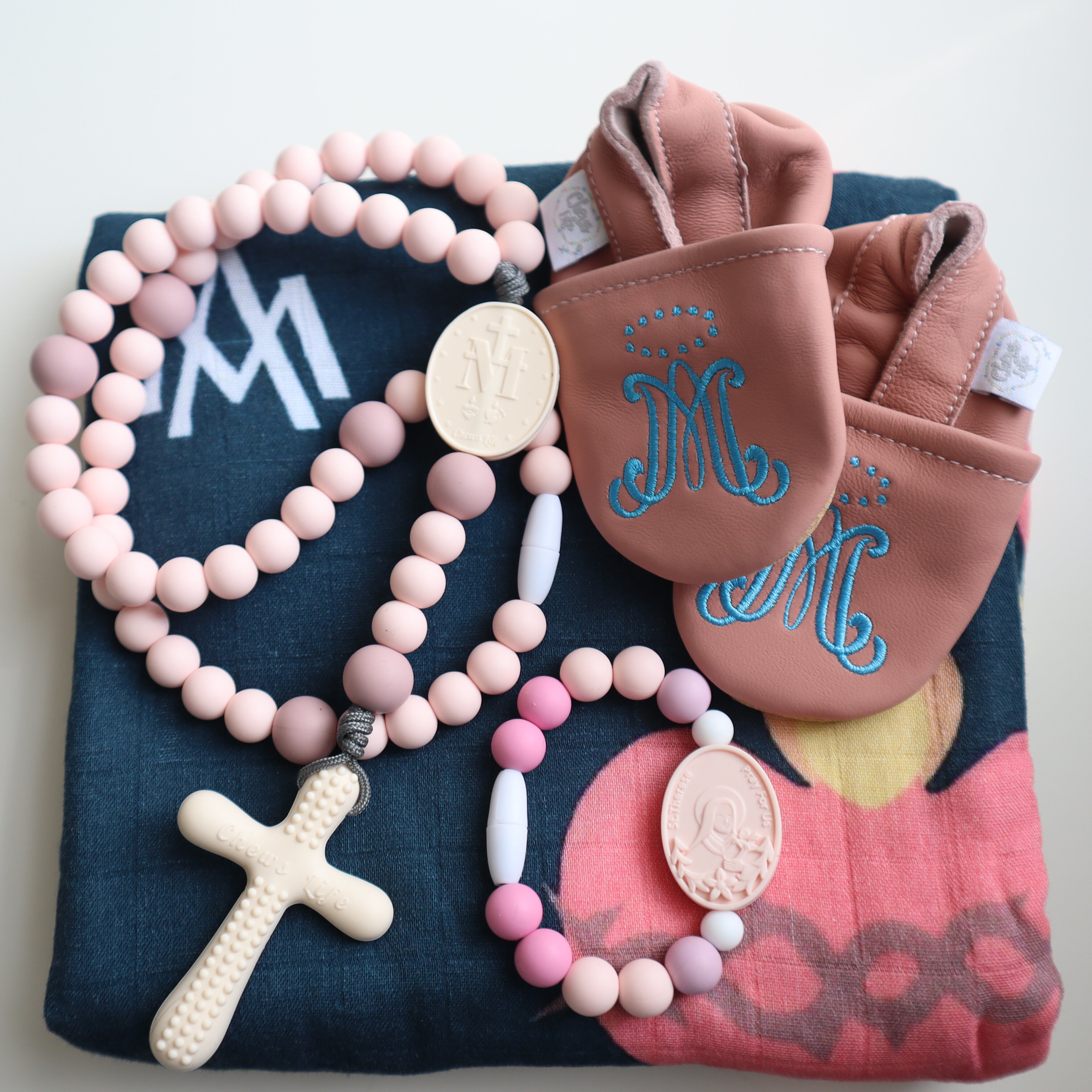 Deluxe Baby Gift Set | Silicone Rosary & Saint Bracelet, Swaddle & Emmaus Crib Shoes