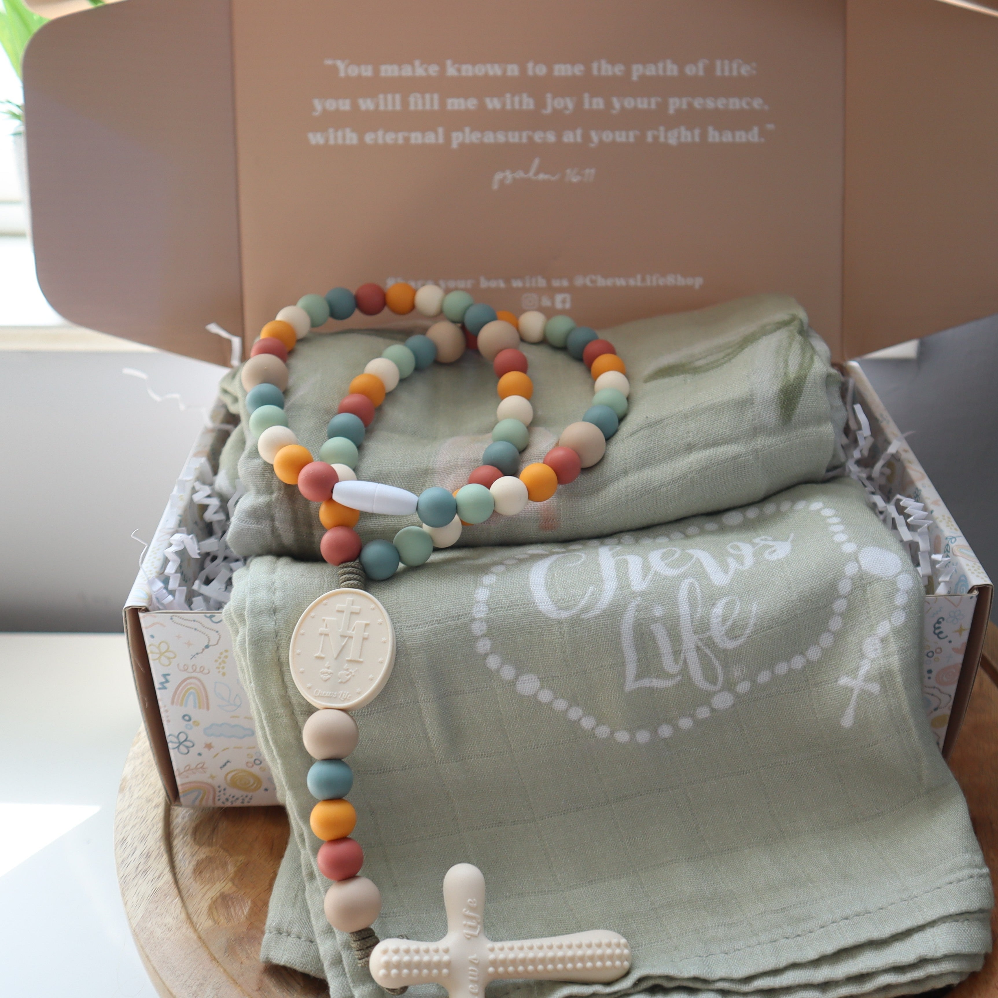 Essentials Baby Gift Set | Chews Life Silicone Rosary & Muslin Swaddle