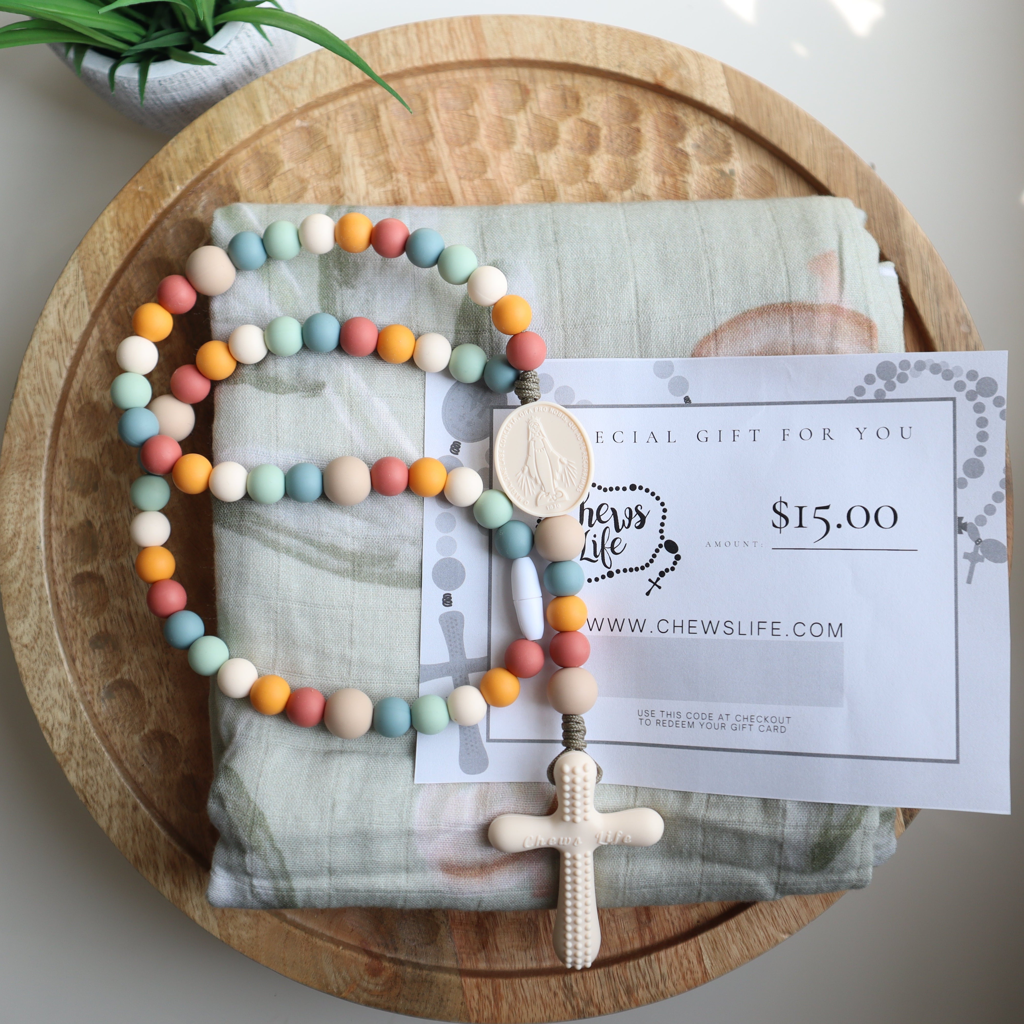 Essentials Baby Gift Set | Chews Life Silicone Rosary & Muslin Swaddle
