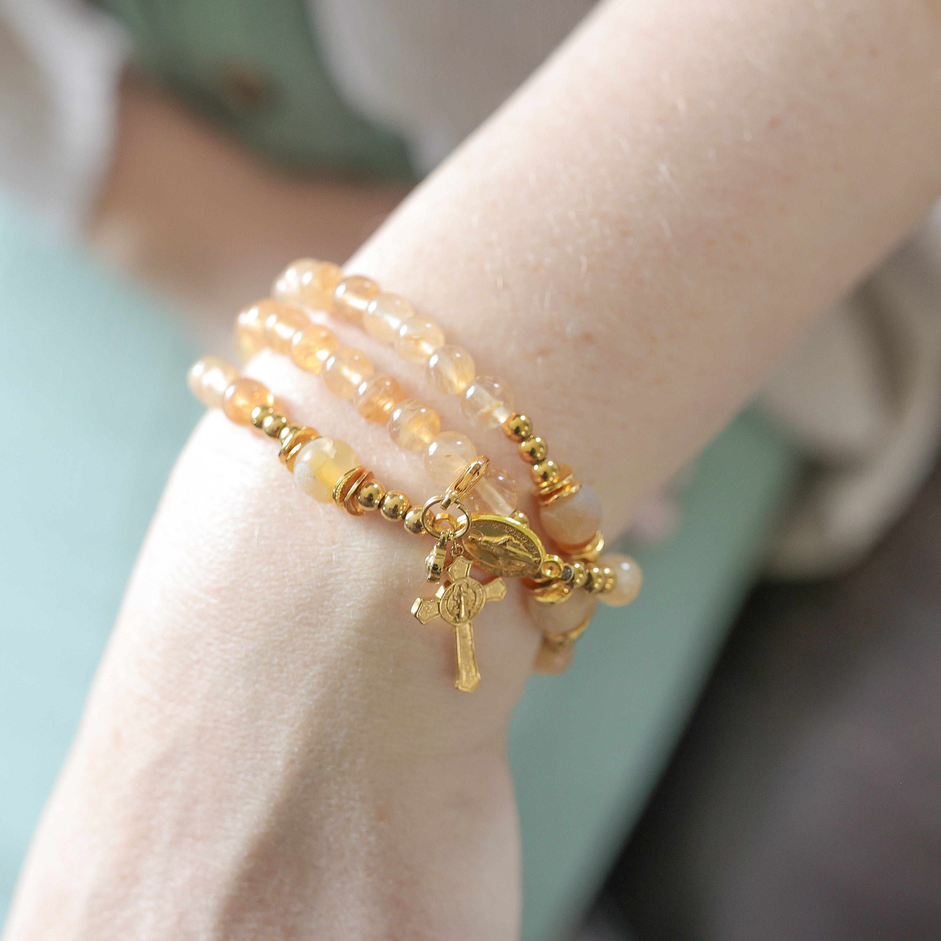 Our Lady of the Golden Heart Triple Wrap Rosary Bracelet | Spring Visionary Collection