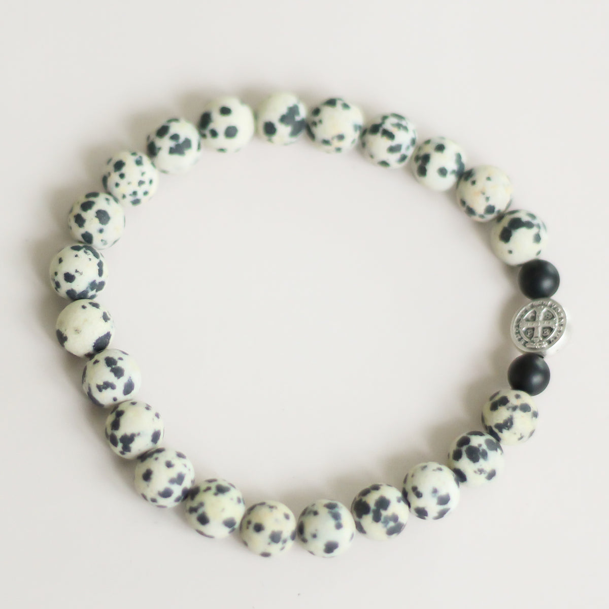 Hope Began Gemstone Bracelet | Dalmatian Jasper and Silver St. Benedict Medal