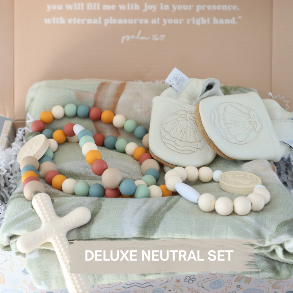 Deluxe Baby Gift Set | Silicone Rosary & Saint Bracelet, Swaddle & Emmaus Crib Shoes