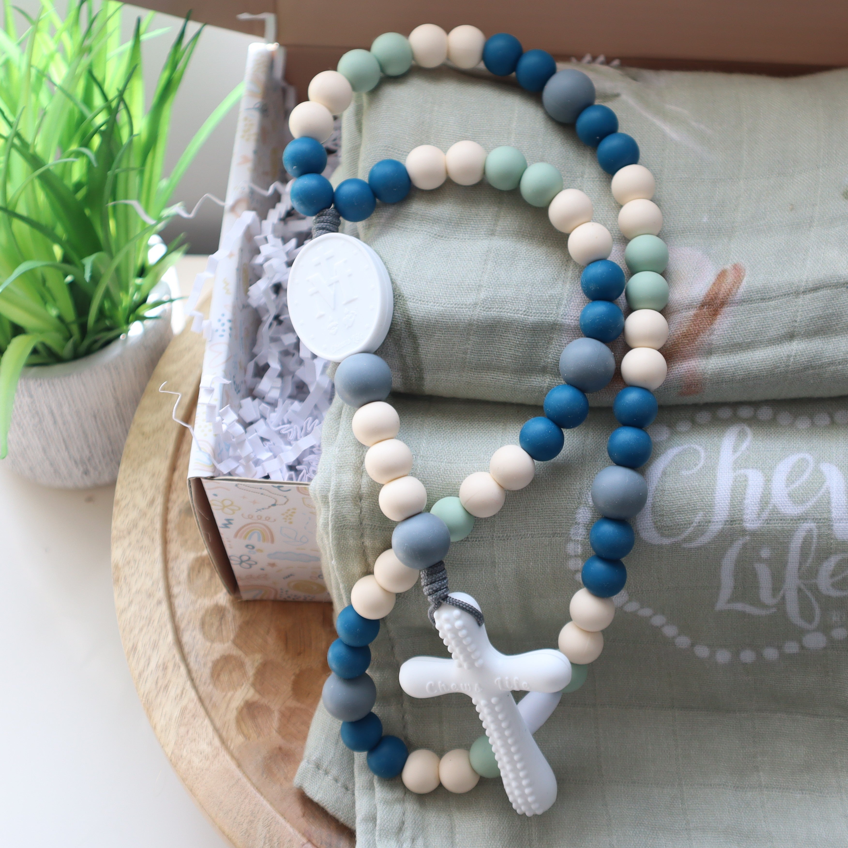 Essentials Baby Shower Gift Set | Chews Life Silicone Rosary & Muslin Swaddle