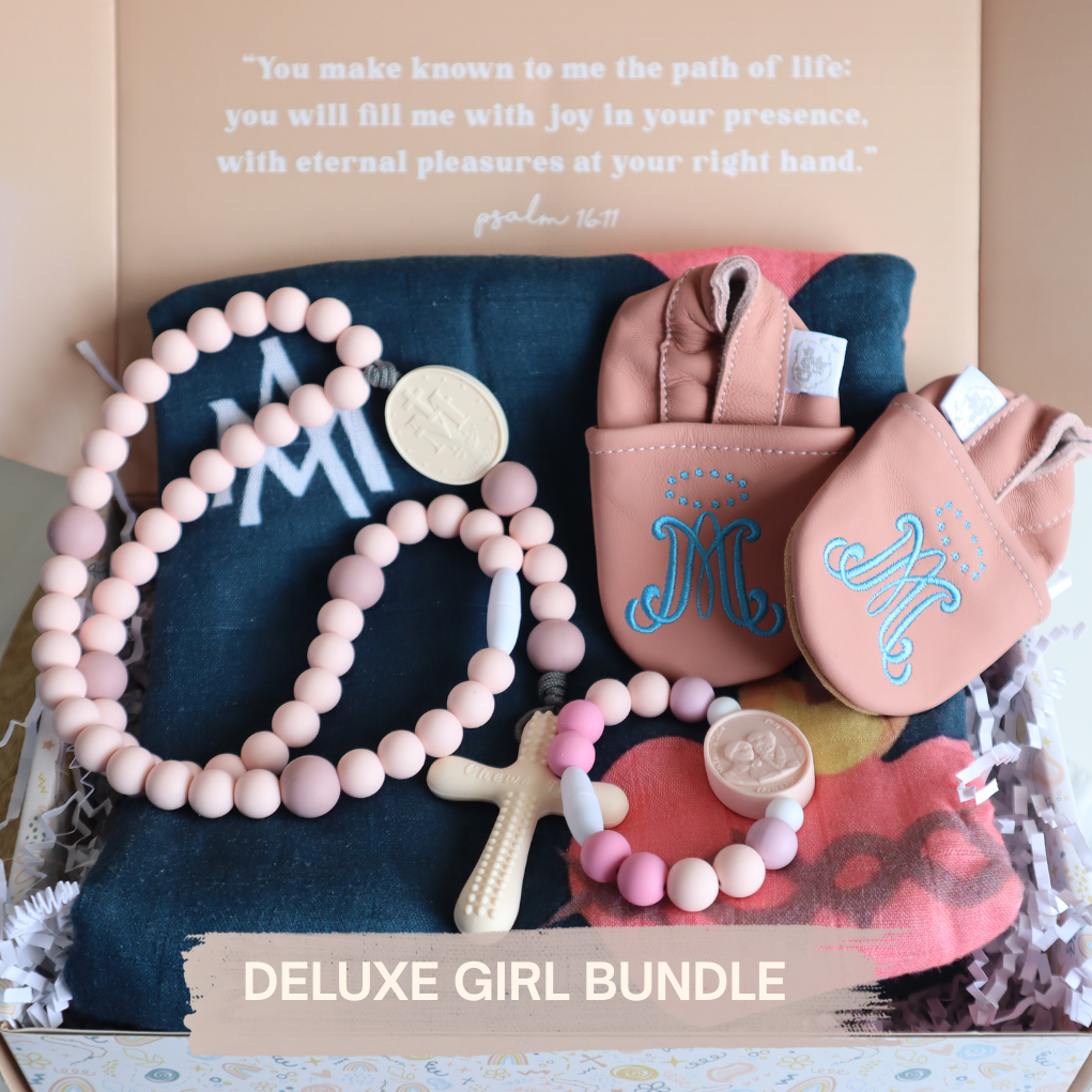 Deluxe Baby Gift Set | Silicone Rosary & Saint Bracelet, Swaddle & Emmaus Crib Shoes