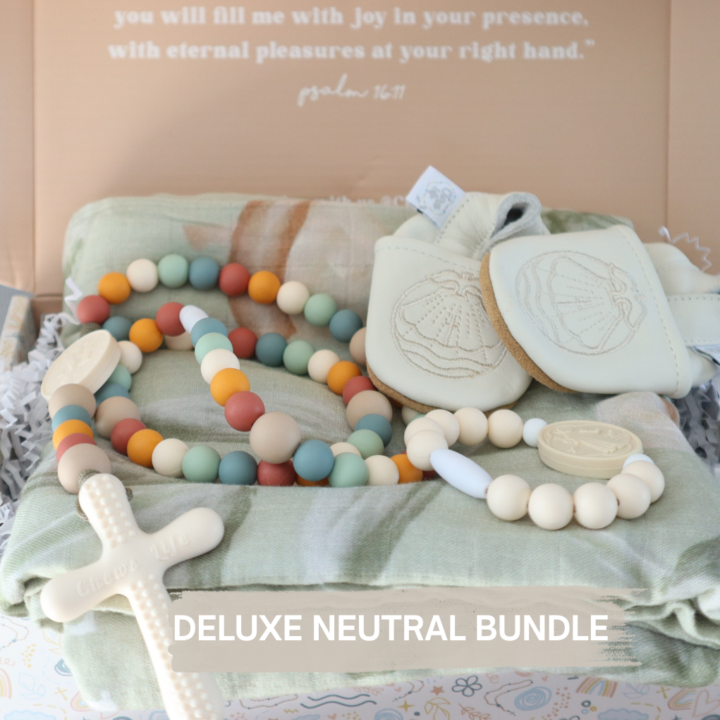 Deluxe Baby Shower Gift Set | Silicone Rosary & Saint Bracelet, Swaddle & Emmaus Crib Shoes