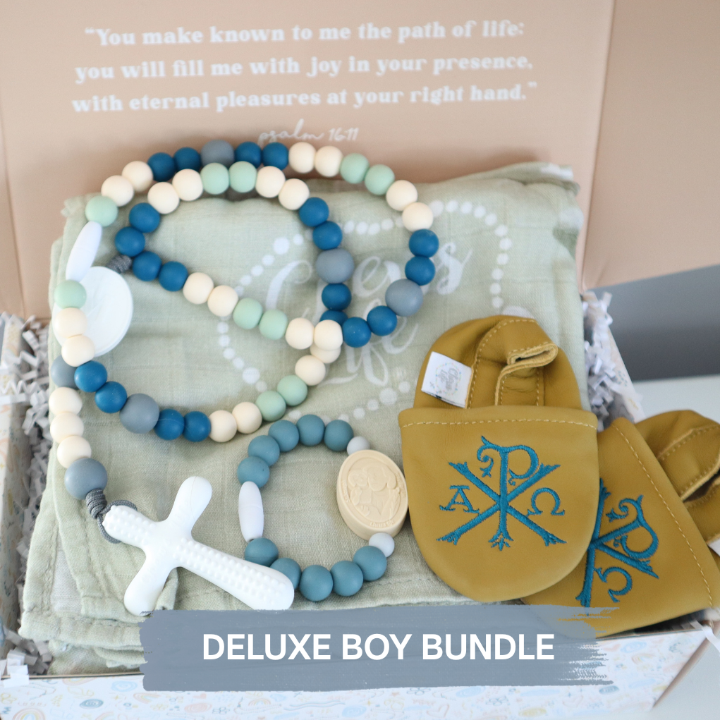 Deluxe Baby Shower Gift Set | Silicone Rosary & Saint Bracelet, Swaddle & Emmaus Crib Shoes