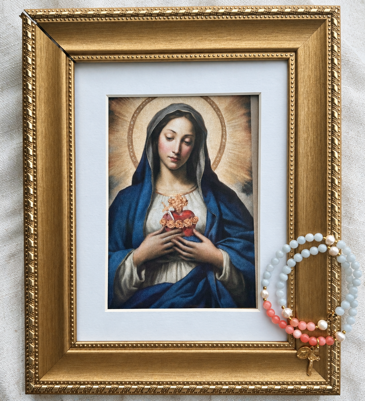 A frame photo of the immaculate heart with a coordinate blue and pink gemstone rosary bracelet with gold accents.