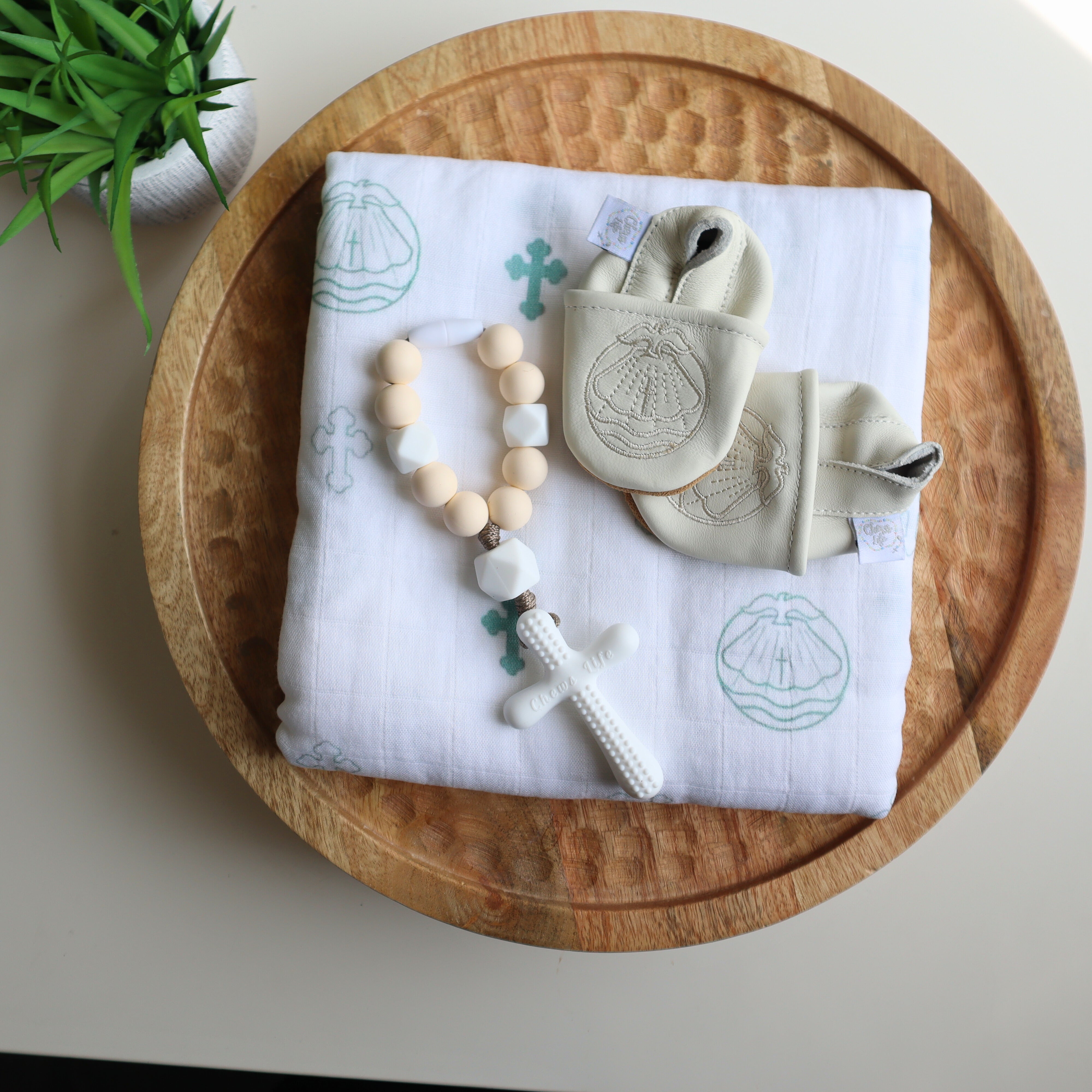 Chews Life Baptism Gift Box | Silicone Decade, MuslinSwaddle & Emmaus Crib Shoes