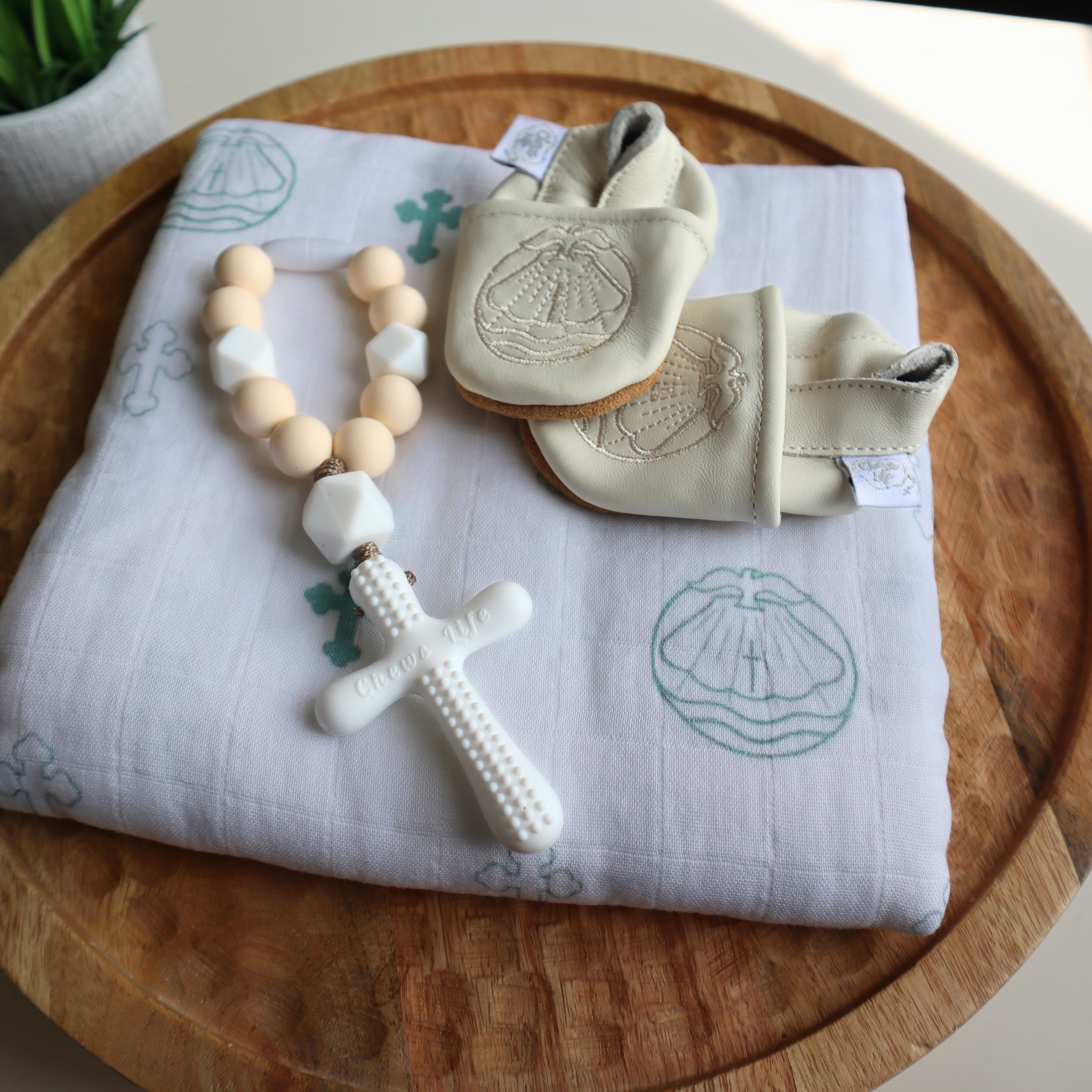 Chews Life Baptism Gift Box | Silicone Decade, MuslinSwaddle & Emmaus Crib Shoes