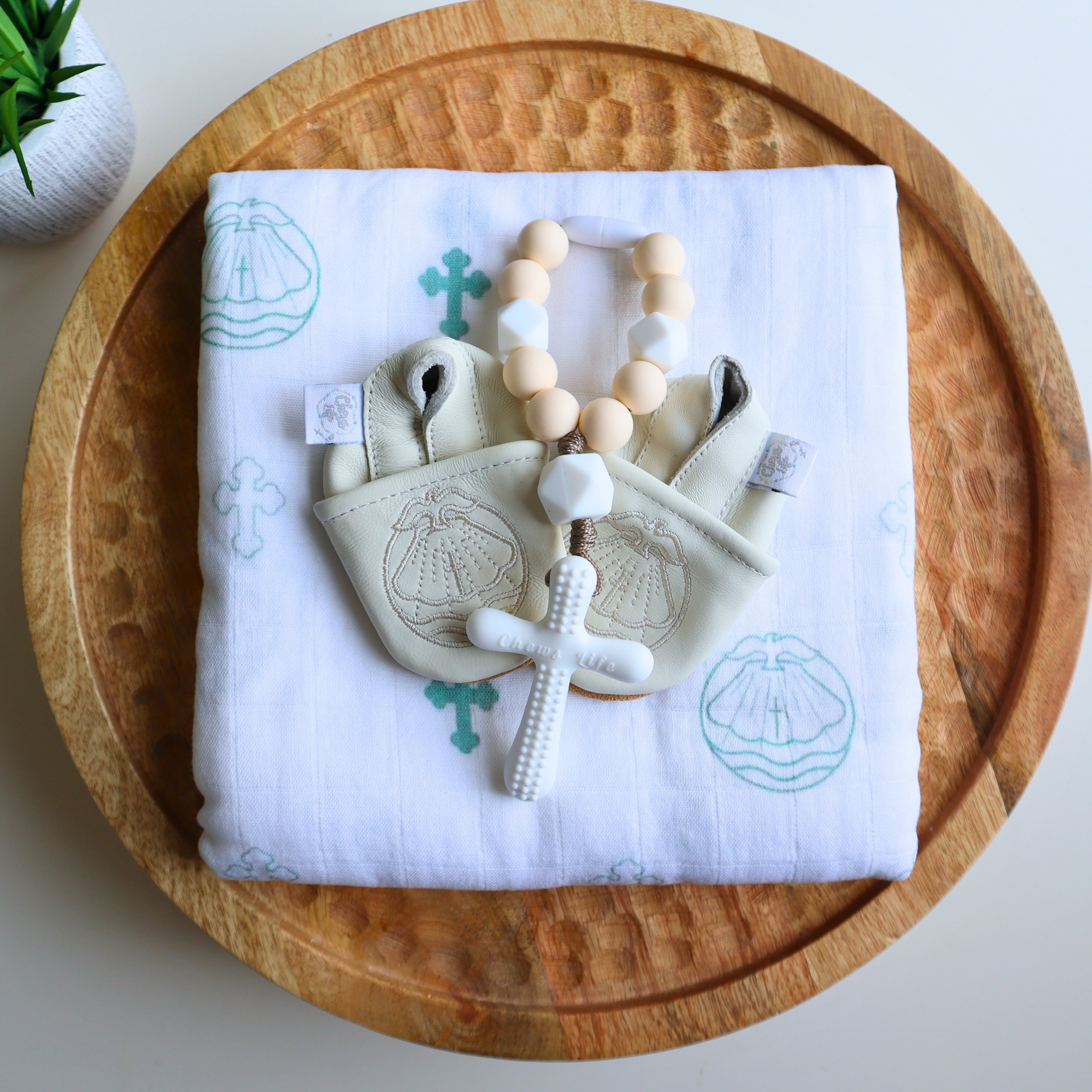 Chews Life Baptism Gift Box | Silicone Decade, MuslinSwaddle & Emmaus Crib Shoes