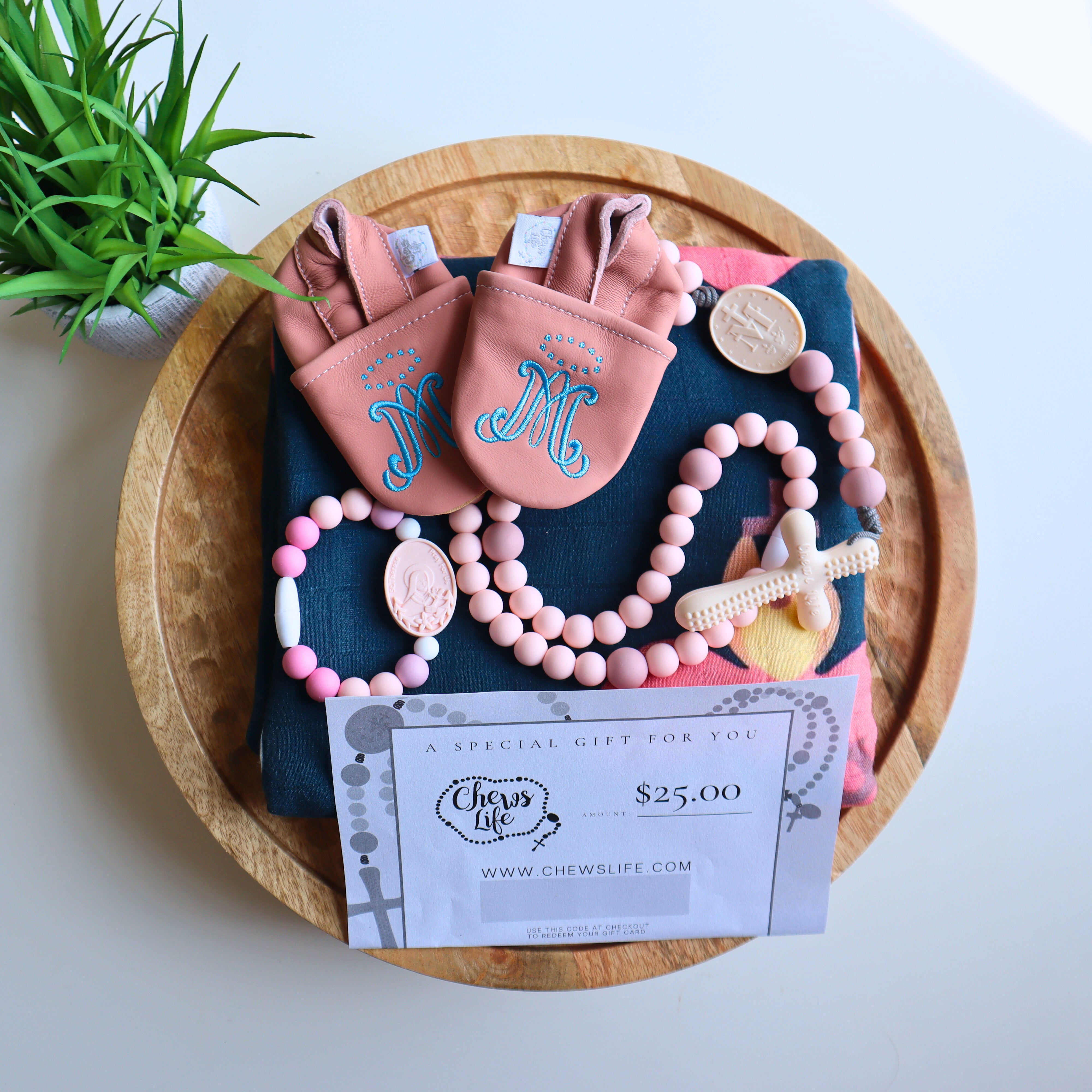 Deluxe Baby Gift Set | Silicone Rosary & Saint Bracelet, Swaddle & Emmaus Crib Shoes
