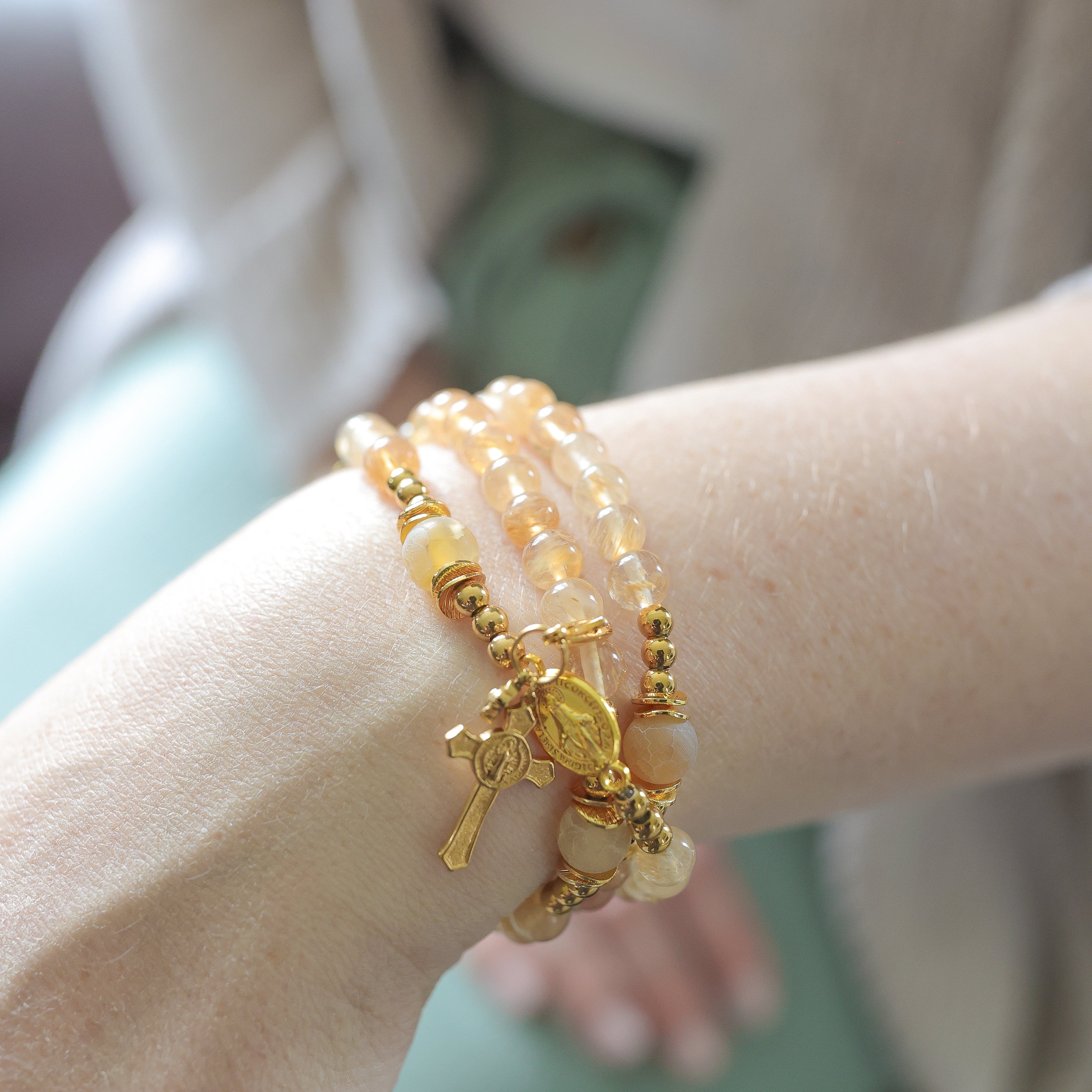 Our Lady of the Golden Heart Triple Wrap Rosary Bracelet | Spring Visionary Collection