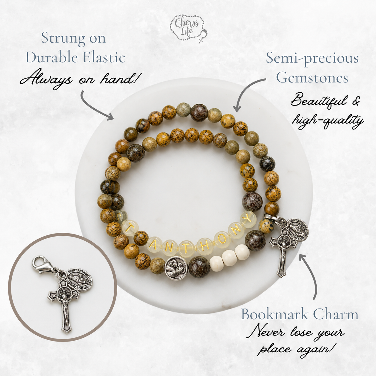 Saint Anthony | Stretch & Wrap Rosary Bracelet | Glow in the Dark