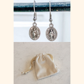 Velvet Auspice Maria Pouch & Miraculous Medal Earrings | Silver