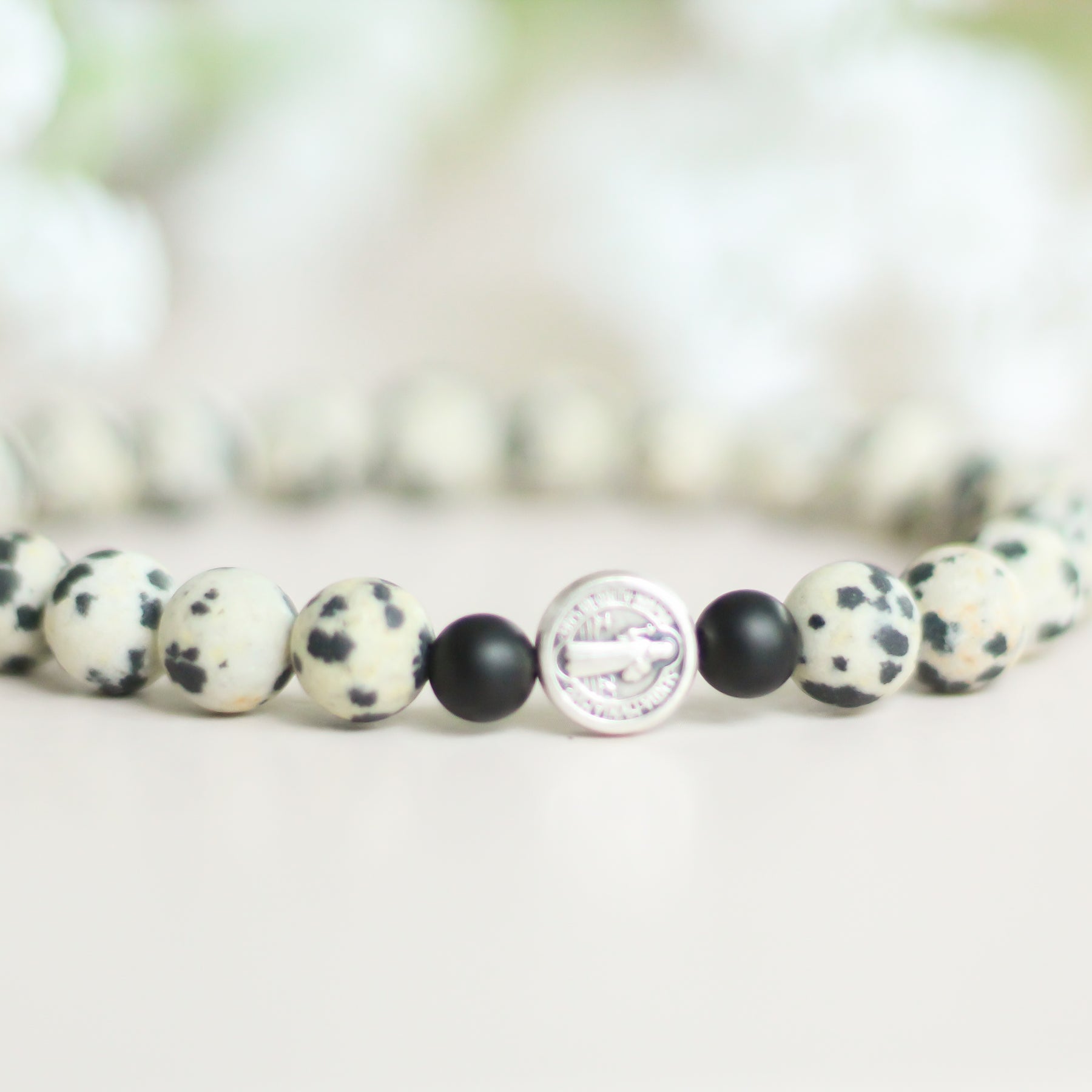 Hope Began Gemstone Bracelet | Dalmatian Jasper and Silver St. Benedict Medal