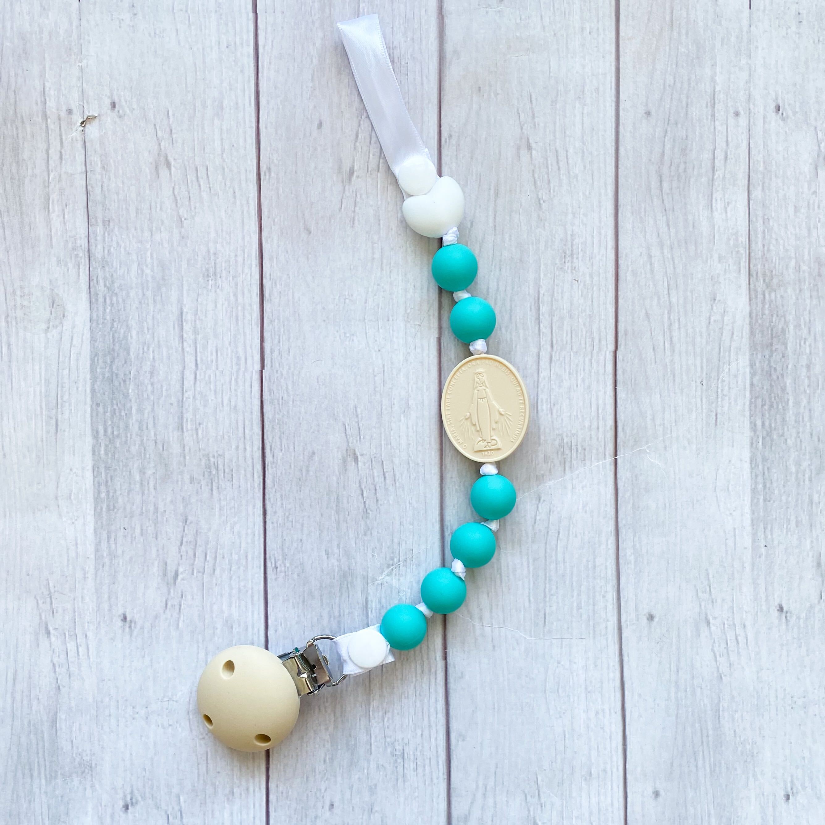 Pacifier Clip | Turquoise & Cream | Miraculous Medal