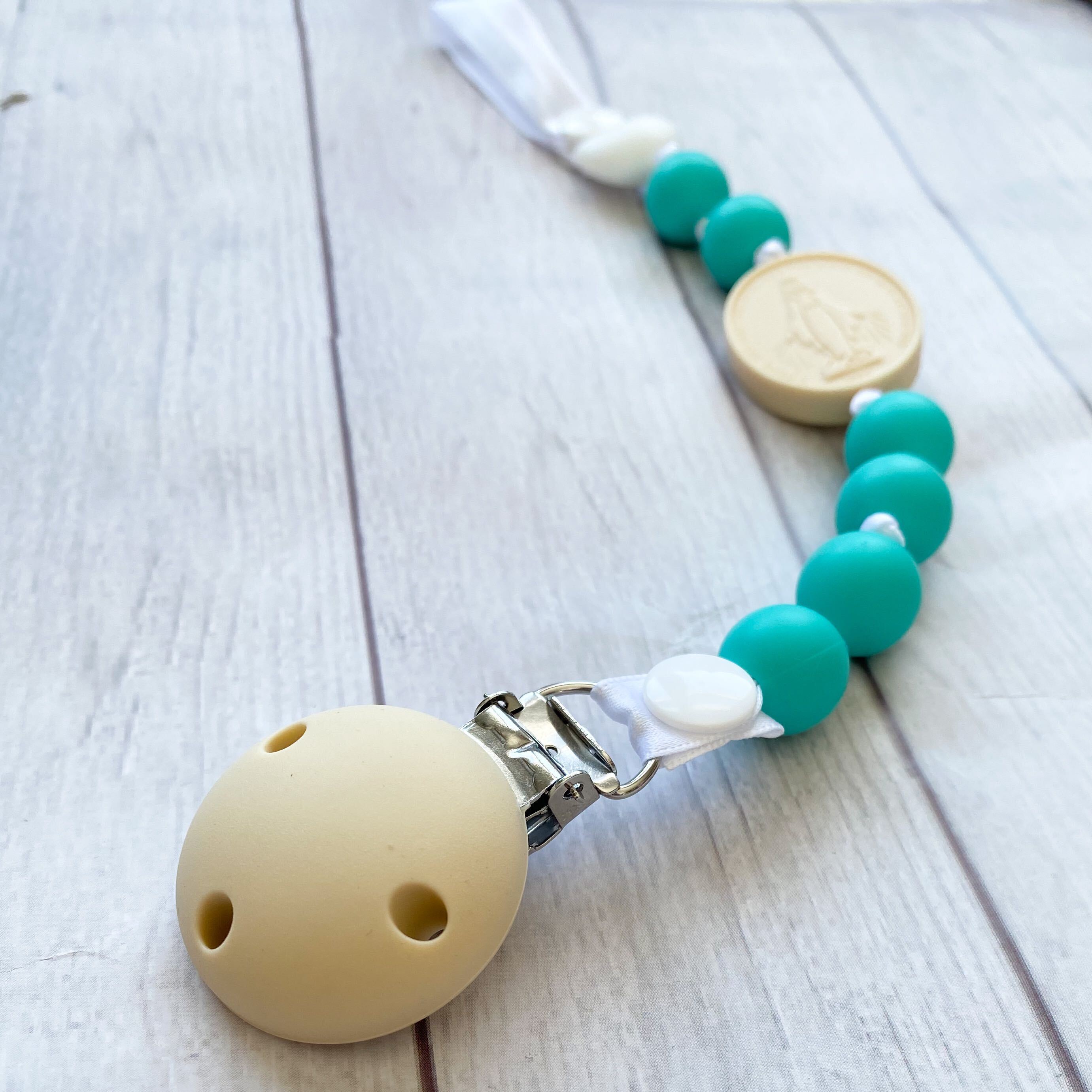 Pacifier Clip | Turquoise & Cream | Miraculous Medal