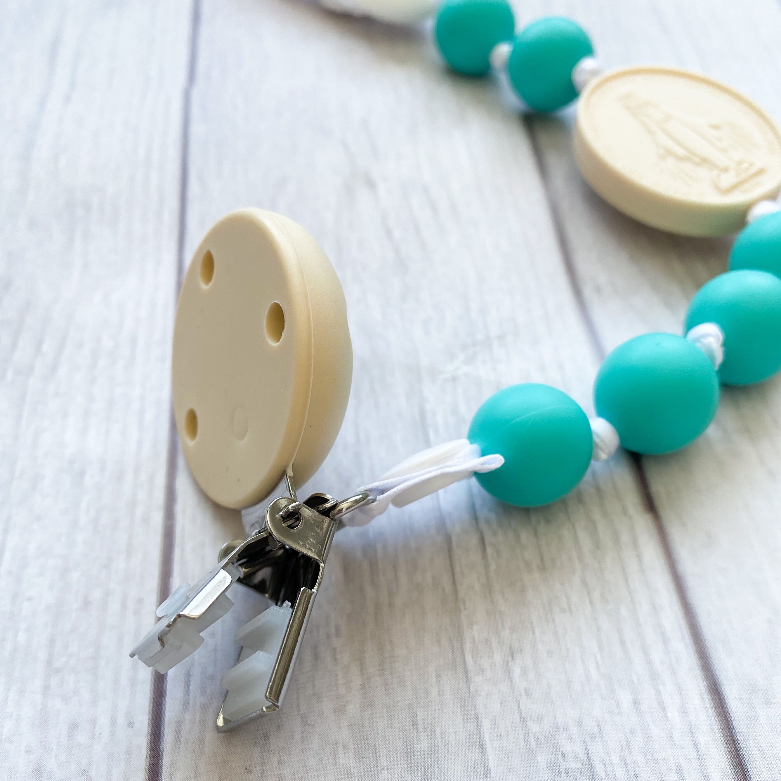 Pacifier Clip | Turquoise & Cream | Miraculous Medal