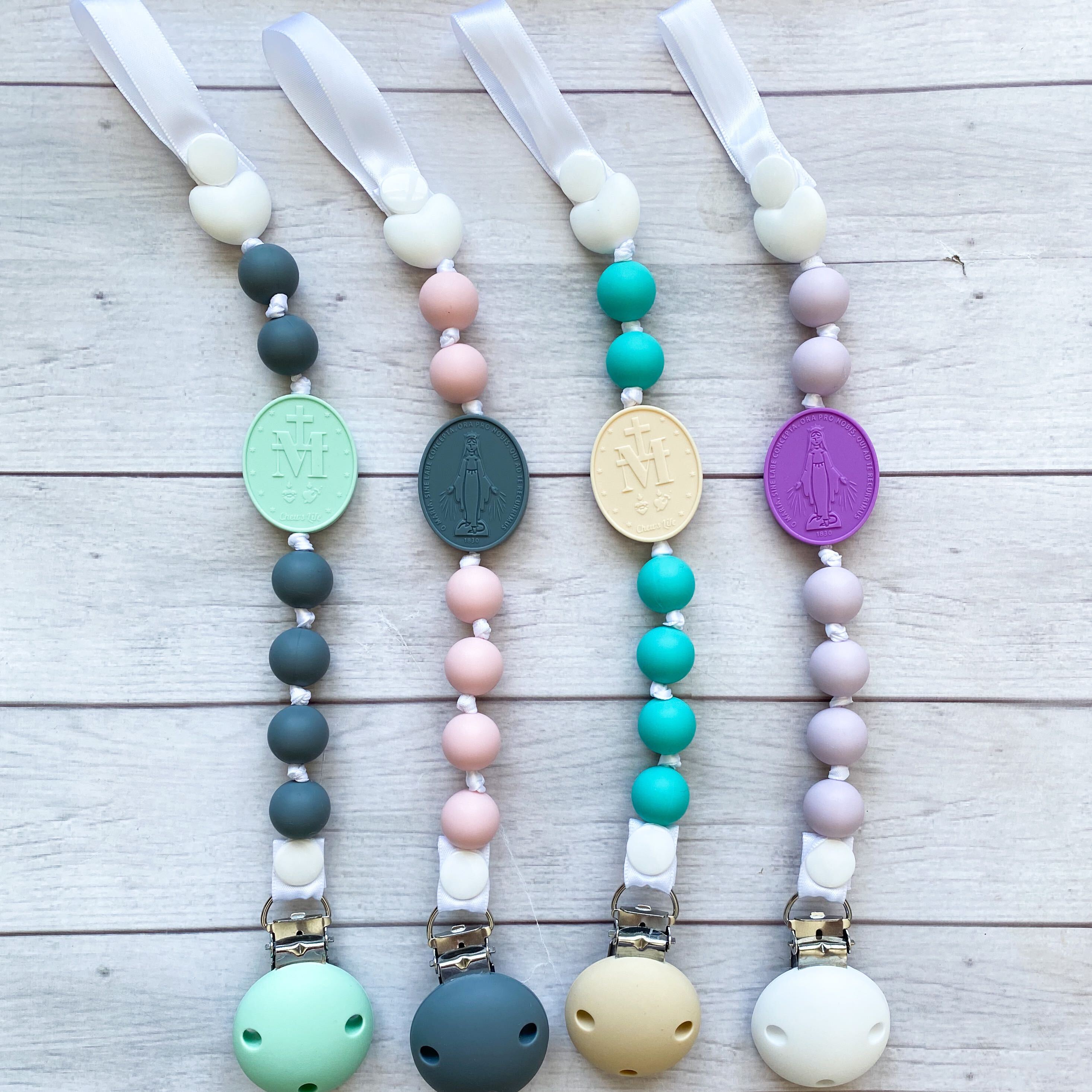 Pacifier Clip | Turquoise & Cream | Miraculous Medal